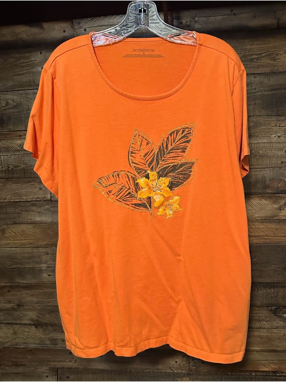 Liz Claiborne Plus Size 3X Orange Tropical Hibiscus Graphic Top